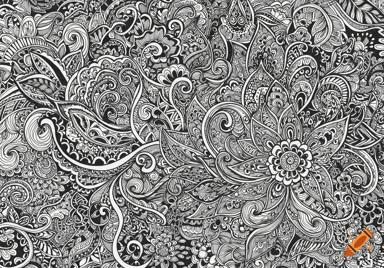 Intricate black and white pattern densely filled with swirling lines, paisley-like motifs, leaves, and flowers.