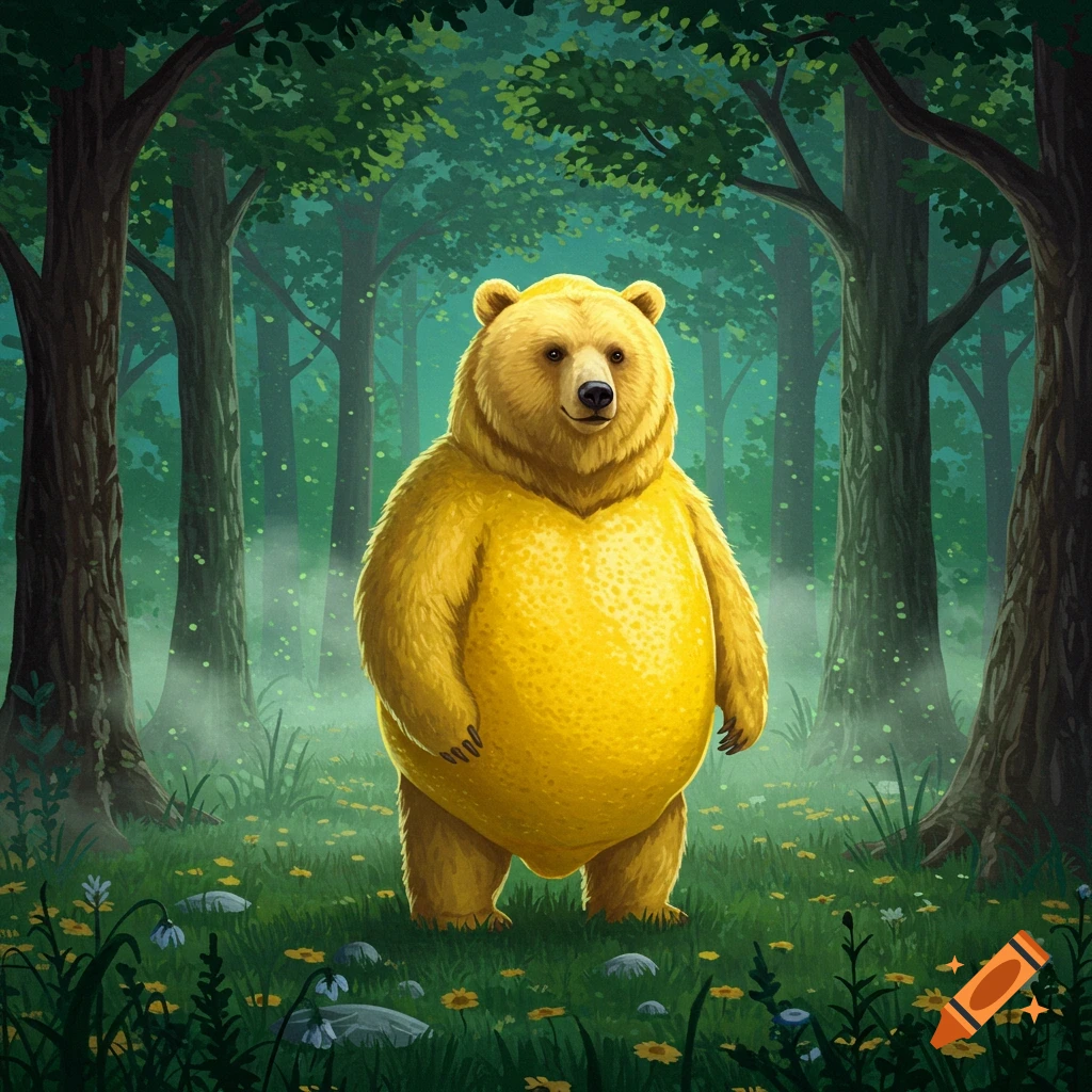 A bear with a bright yellow, textured lemon body stands in a mystical forest with green trees and dappled sunlight.
