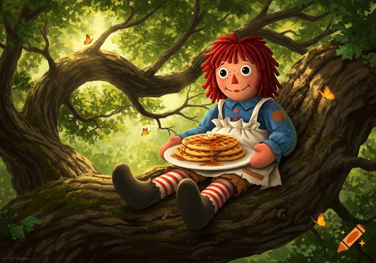 An illustrated Raggedy Ann doll sits in a large tree, holding a plate of waffles with syrup and butter. Sunlight filters through green leaves, and butterflies flutter nearby.