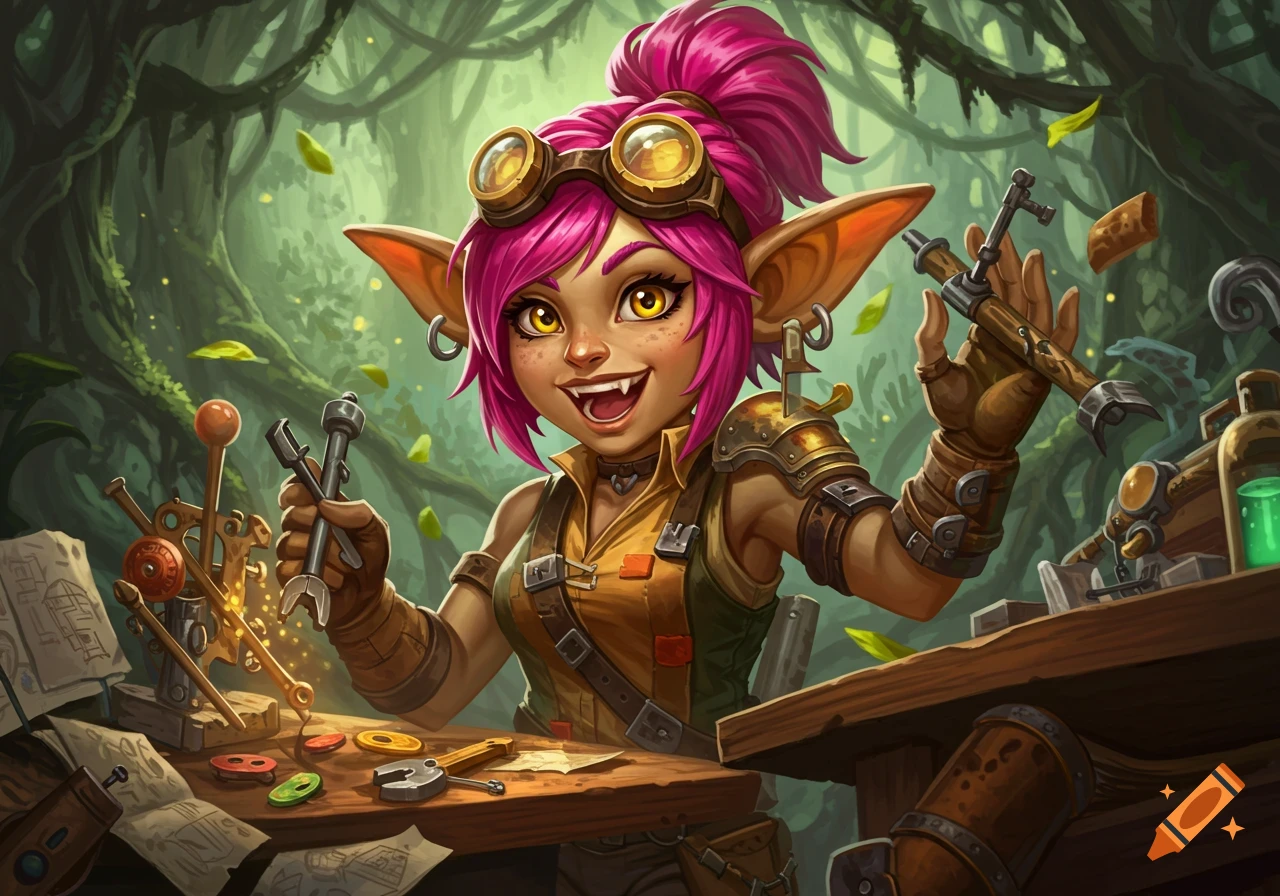 A vibrant fantasy illustration of a pink-haired goblin wearing goggles and holding tools, smiling excitedly while inventing in a lush forest workshop.