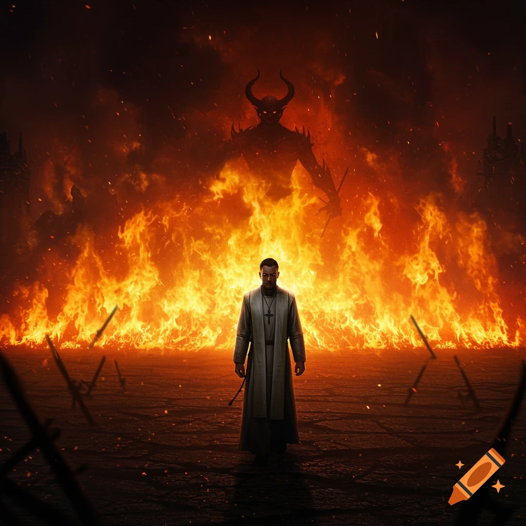 A priest in a grey robe stands on dark ground, facing a wall of fire with a large, horned devil silhouette in the background. Dramatic digital art.