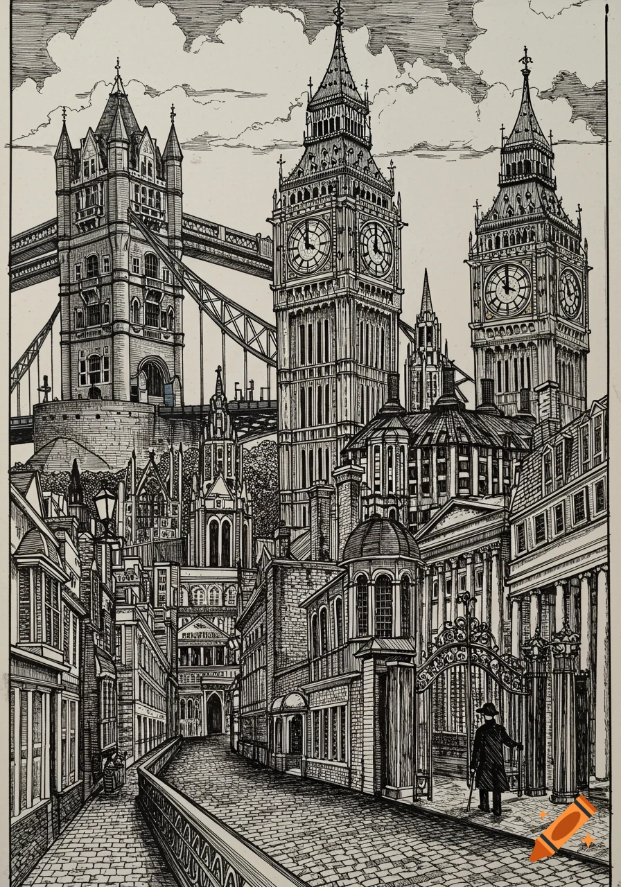 A detailed black and white sketch of a dense London cityscape, featuring Tower Bridge and Big Ben dominating the skyline, with an old street, buildings, and a lone figure in the foreground.