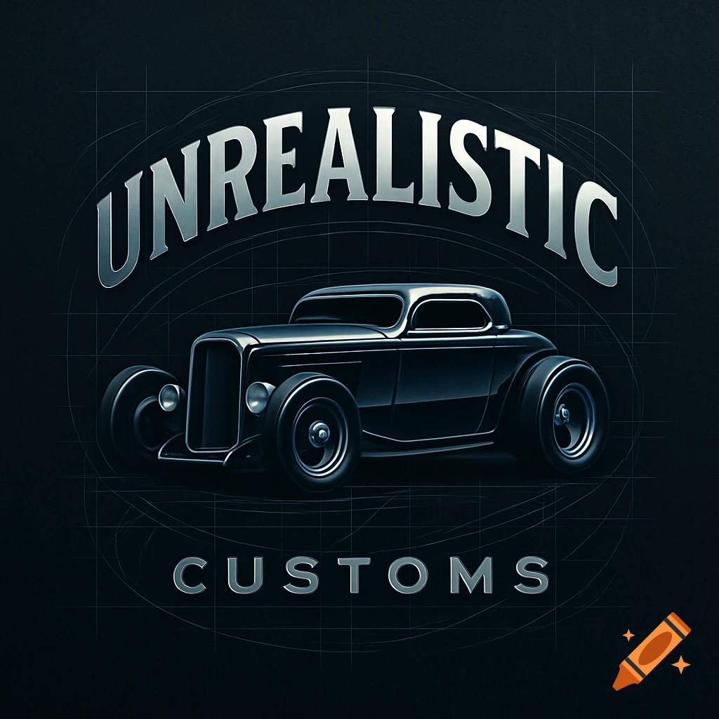Black custom hot rod logo with 'UNREALISTIC' above and 'CUSTOMS' below, on a dark background with blueprint lines.