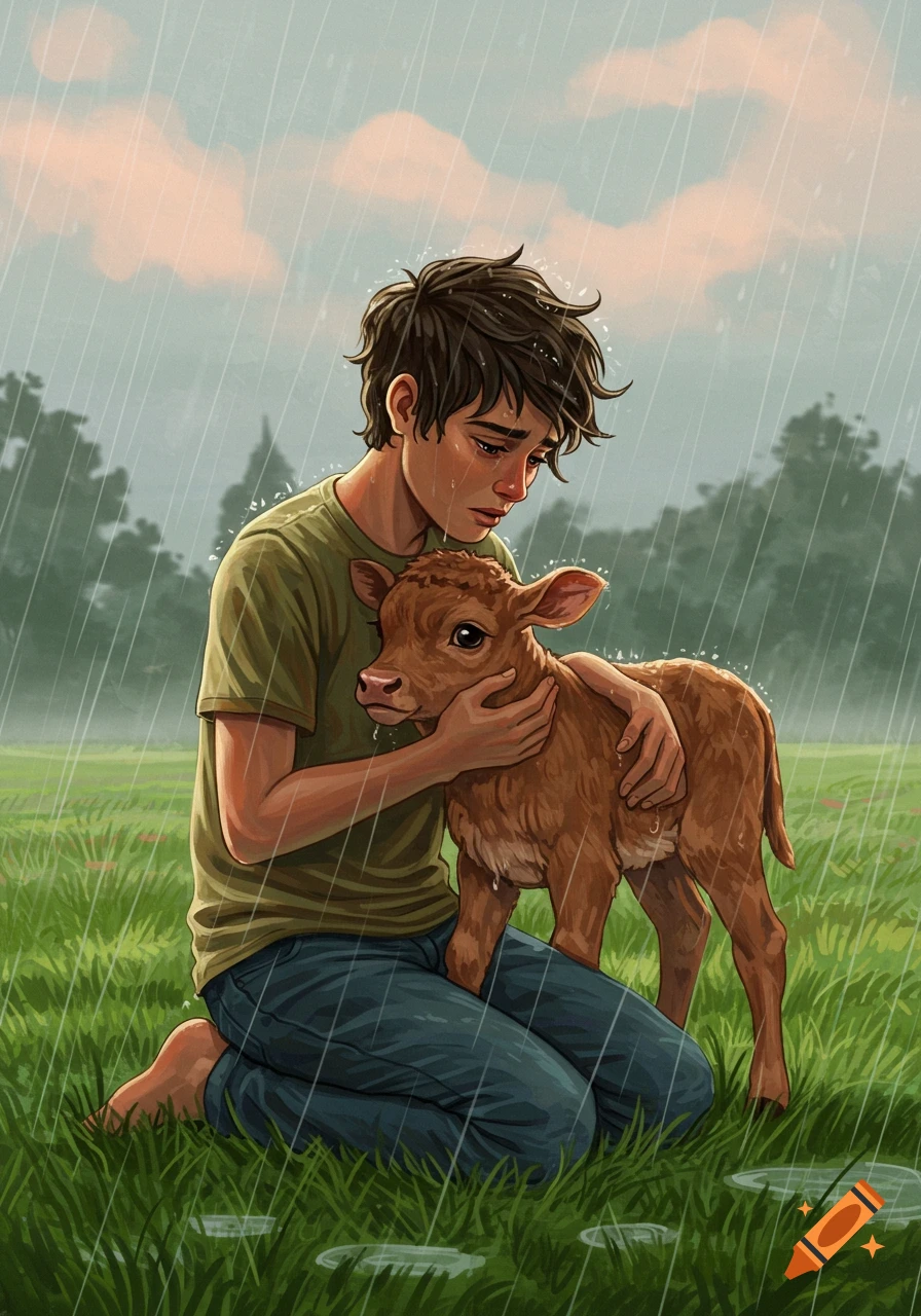 A sad boy kneels in a rainy field, hugging and comforting a crying brown baby cow. Digital illustration.