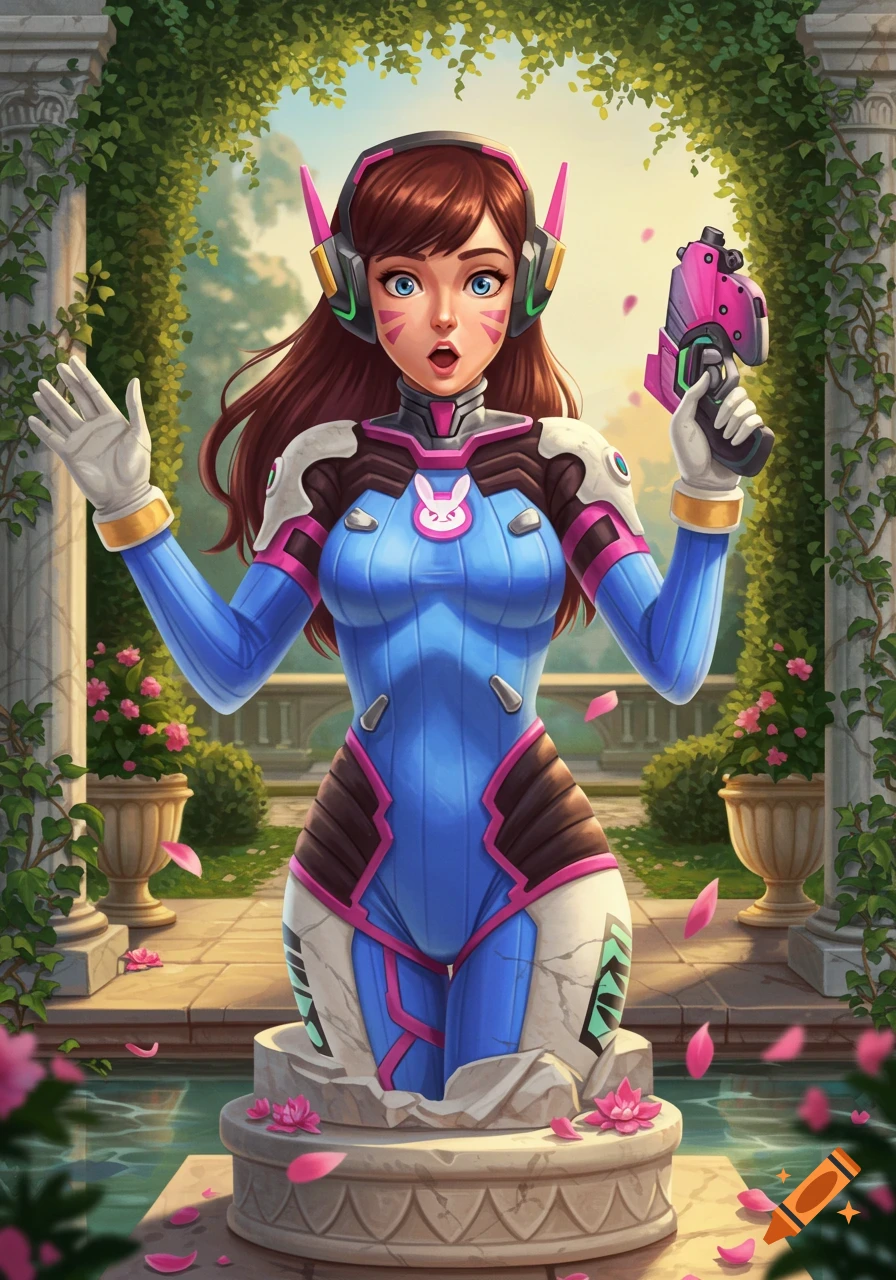 Surprised D.va from Overwatch, in her blue and pink suit, emerging from a stone statue in an ornate garden.