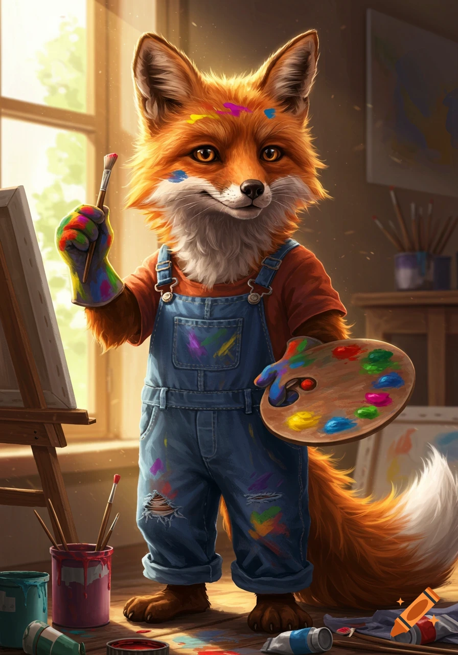 A photorealistic anthropomorphic fox, splattered with paint, holds a paintbrush and a palette in an artist's studio.
