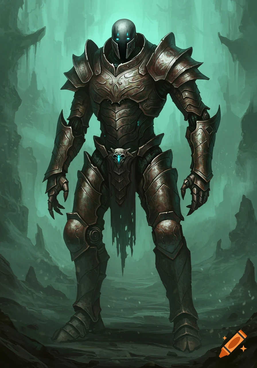 A sinister, dark armored golem with glowing blue eyes stands in a murky, green-lit cavern, resembling a fantasy death knight.