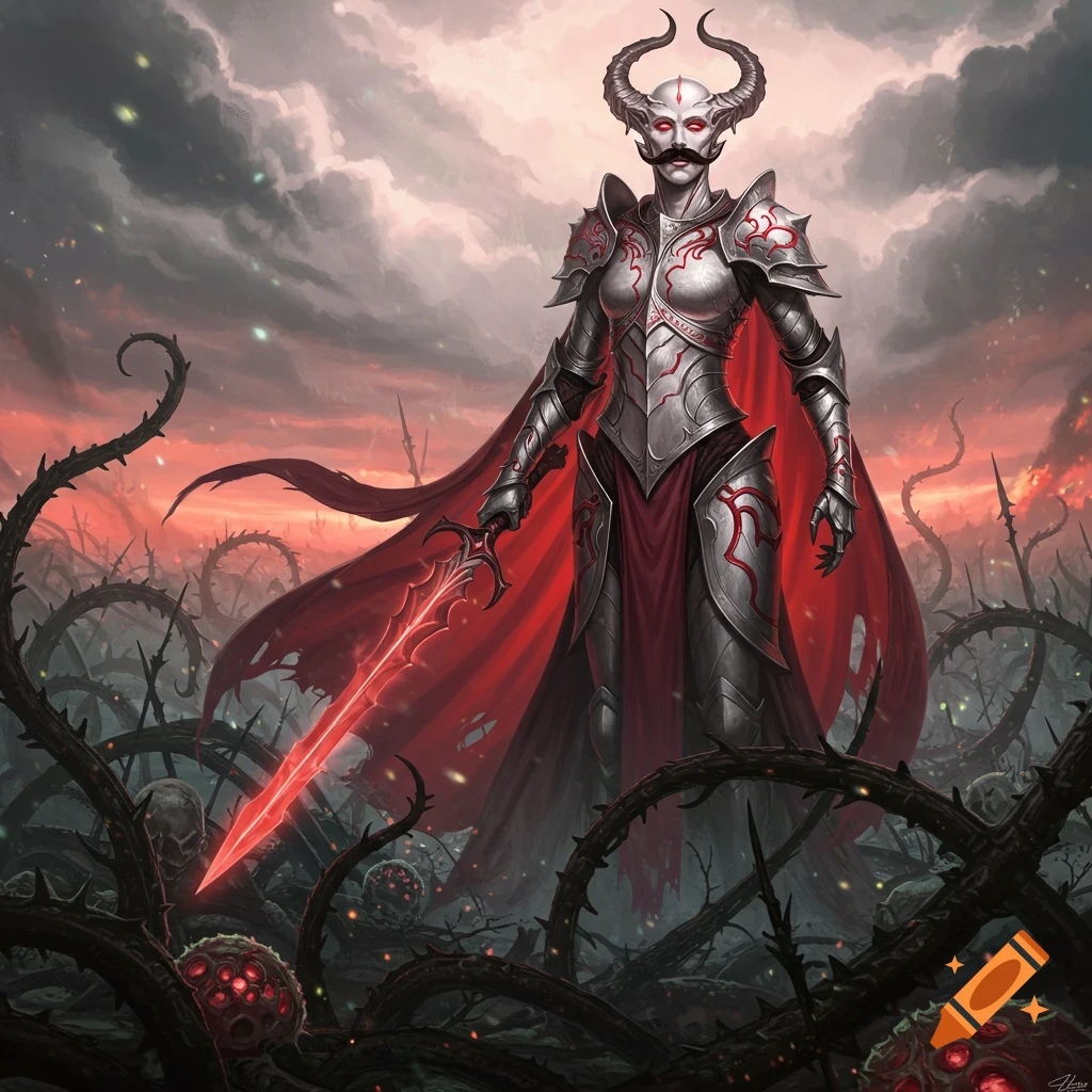 A horned, armored, pale-skinned figure with a mustache and glowing red eyes stands in a dark, thorny landscape, holding a glowing red sword. The sky is dark and ominous with red hues.