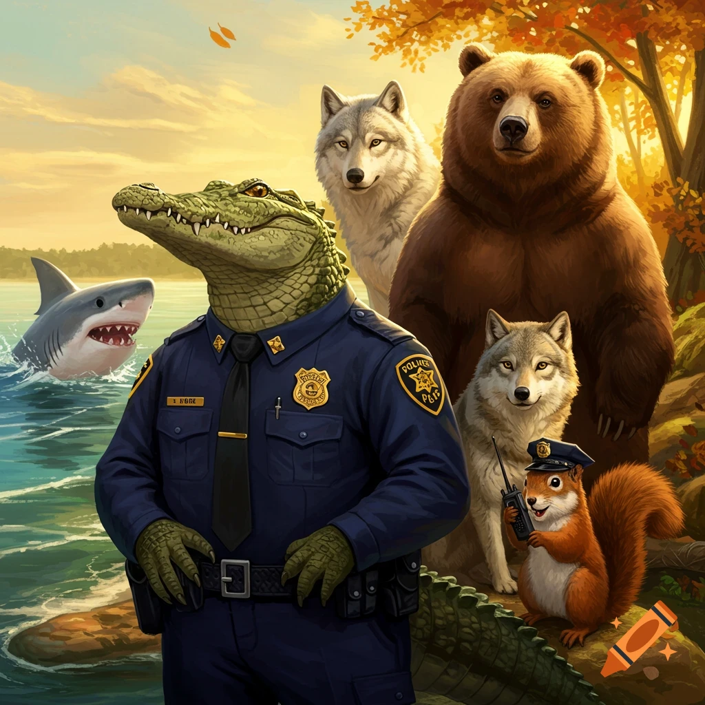 An alligator police officer stands next to a brown bear, two wolves, and a squirrel with a radio, while a shark swims in the water in the background, all in a stylized, autumnal landscape.
