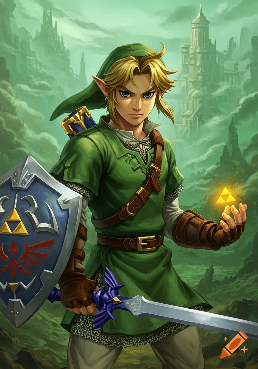 A digital illustration of Link from Zelda, holding his sword, shield, and a glowing Triforce in a fantasy landscape.