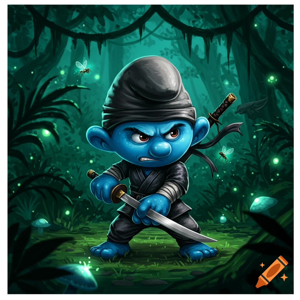 An angry blue Smurf-like ninja stands in a dark, glowing forest, holding a katana.