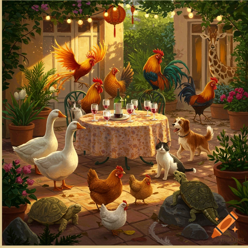 Various animals including roosters, geese, cats, a dog, and tortoises gathered around a table with wine glasses in a lush, sunlit garden.