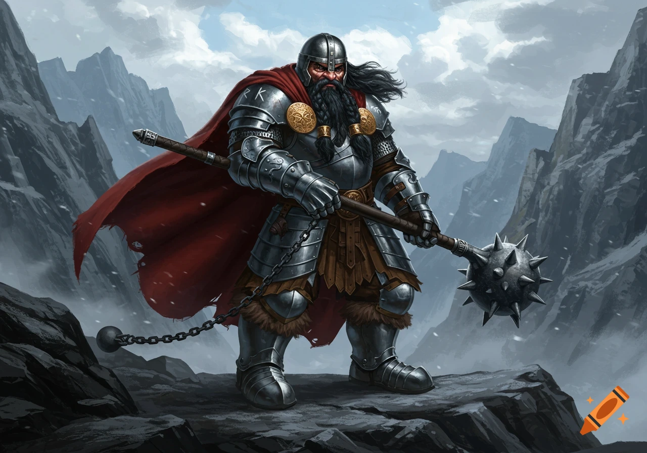 A formidable dwarf warrior in heavy armor stands in snowy mountains, holding a spiky mace.