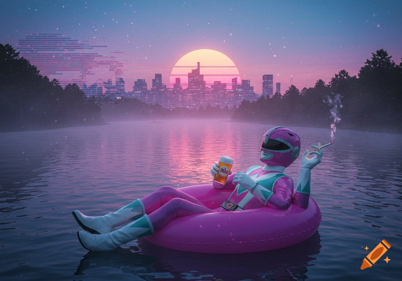 Pink Power Ranger floats on a river at sunset in a vaporwave style, holding a beer and a cigarette, with a city skyline in the background.