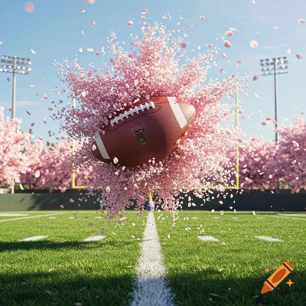 A football bursts through a cloud of pink cherry blossoms over a green stadium field on a sunny day, with goalposts and stadium lights in the background.