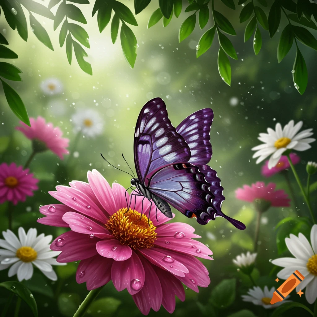 A vibrant purple butterfly with white stripes rests on a pink daisy with water droplets, surrounded by green leaves and more flowers in a bright, lush garden scene.