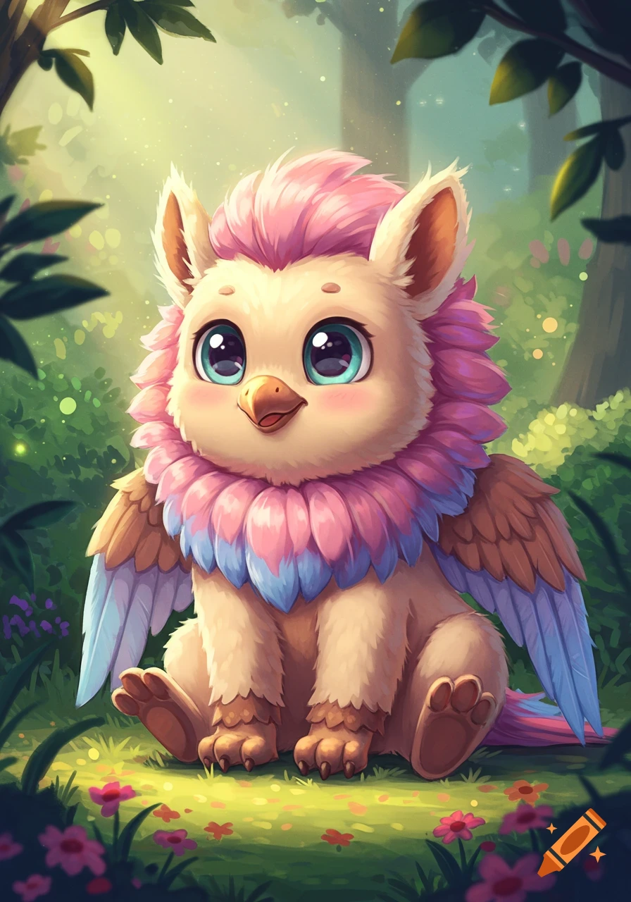 A cute cartoon baby griffin with large blue eyes and pink and blue feathers sits in a magical forest clearing.