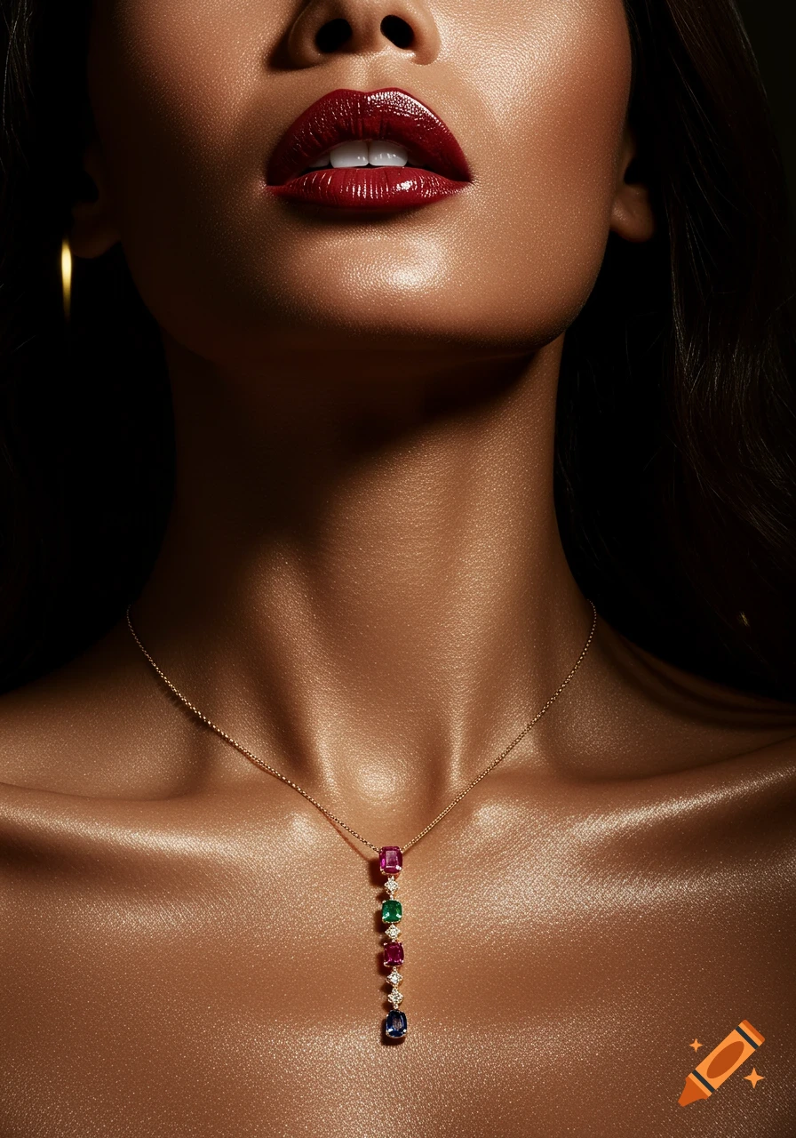 Close-up of a woman with red glossy lips and tanned skin, wearing a photorealistic gold necklace with ruby, emerald, and sapphire gems.