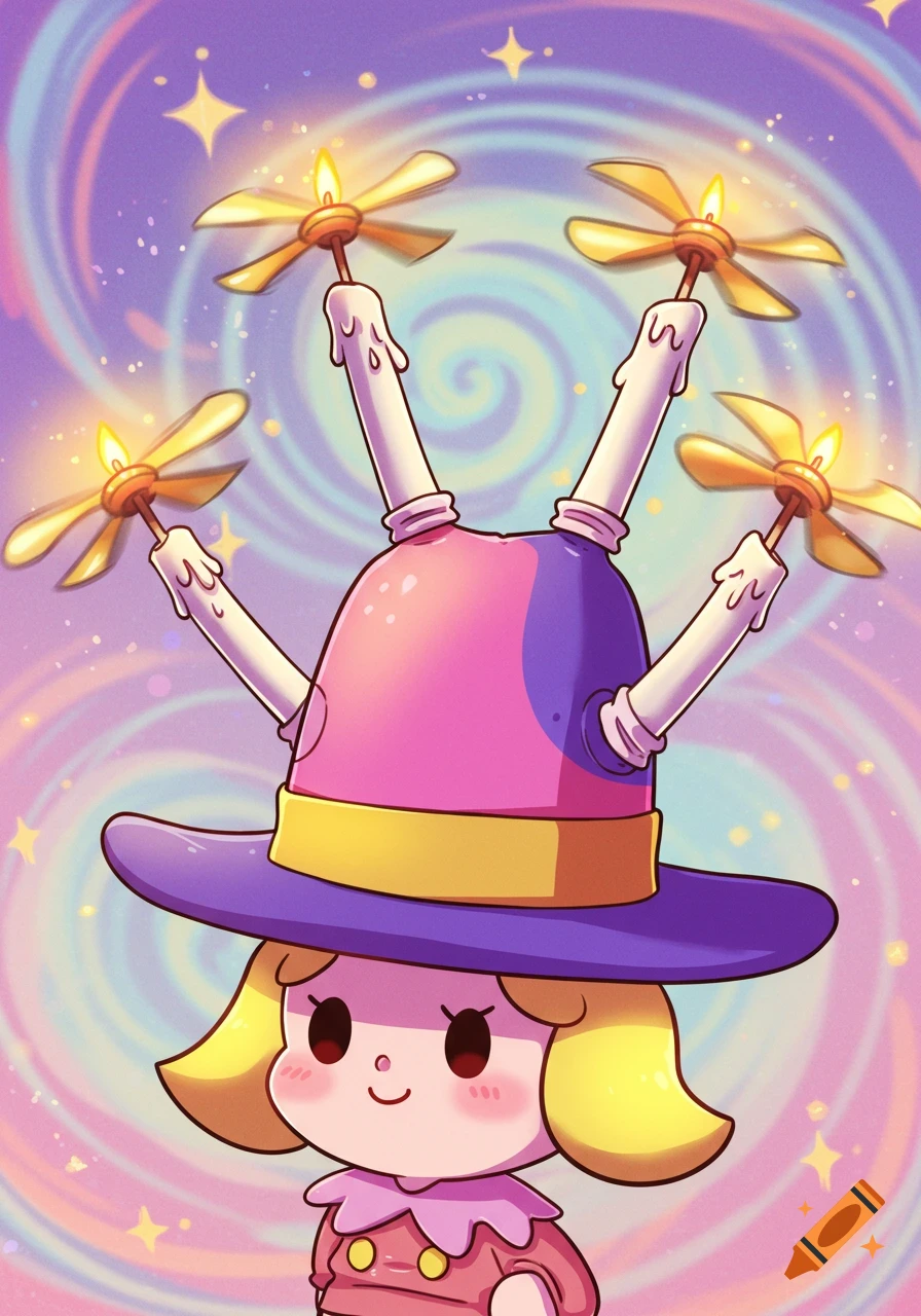 A cute cartoon character with a purple and pink hat featuring four spinning candle-propellers, against a swirling starry background.