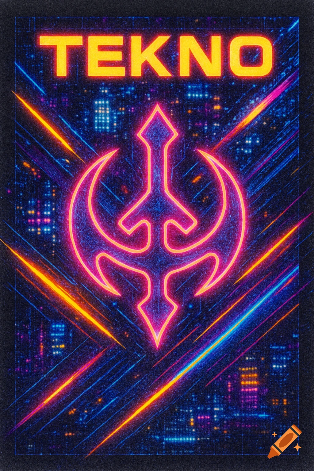 Abstract neon artwork with a glowing pink symbol, orange streaks, and blue city lights, with 'TEKNO' in yellow at the top.