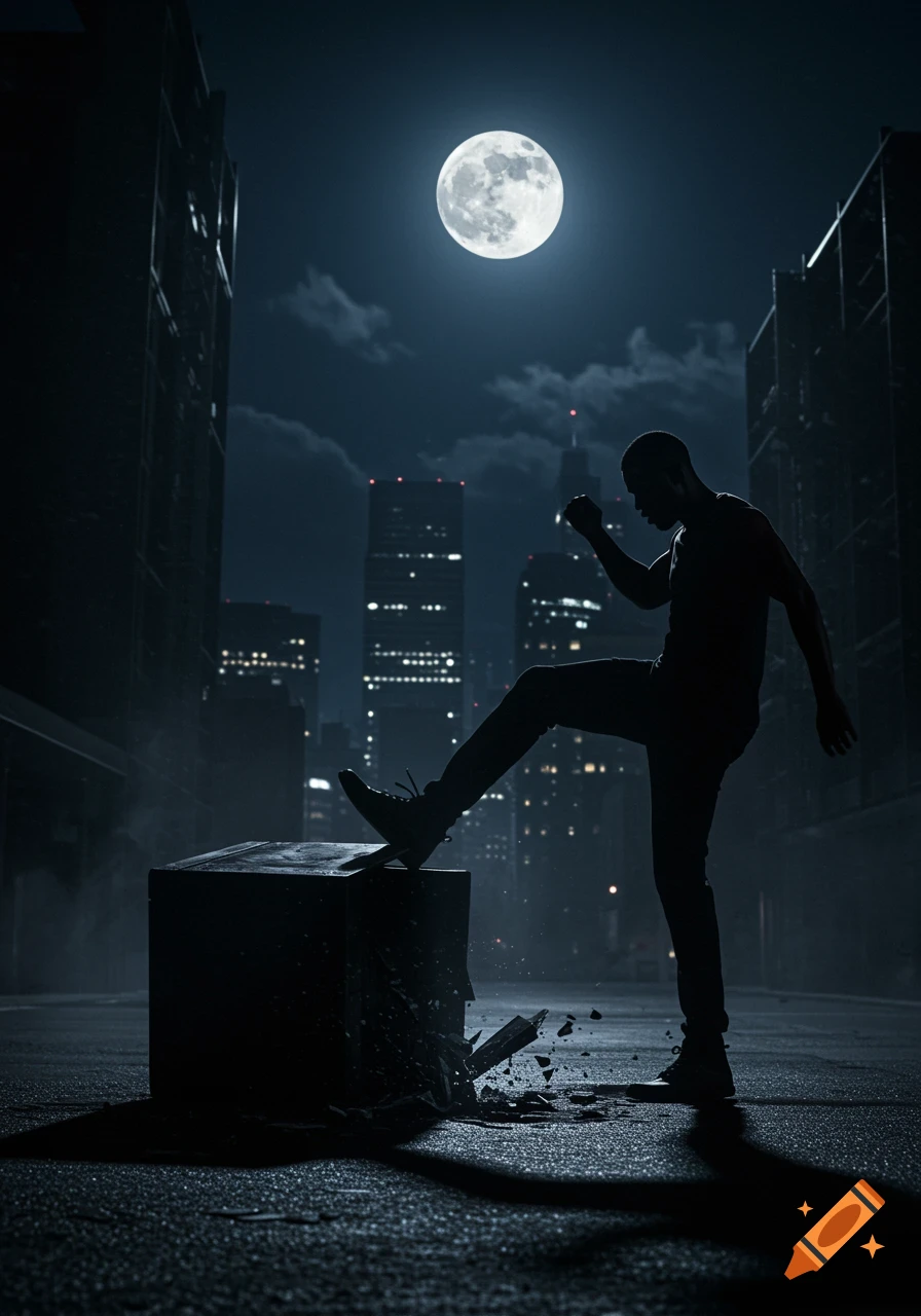 A silhouetted figure kicks a crumbling dark box on a city street at night under a bright full moon.