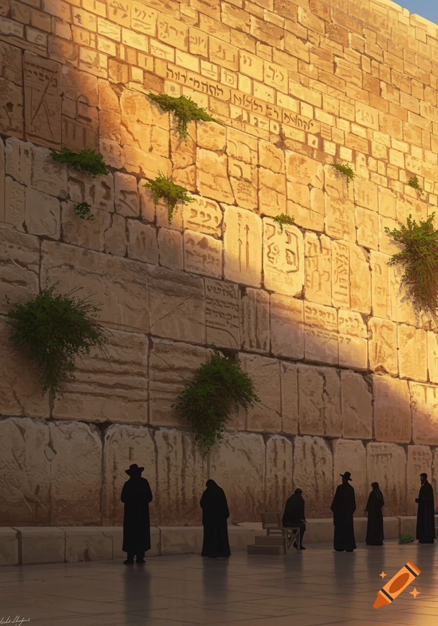 A painting of people praying at the Western Wall, bathed in warm, golden light.