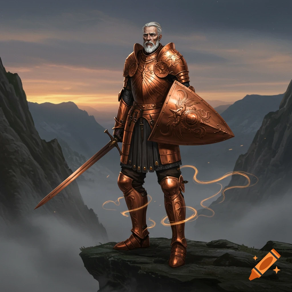 A silver-haired knight in ornate copper armor stands on a rocky cliff at sunset, holding a sword and shield with misty mountains behind.