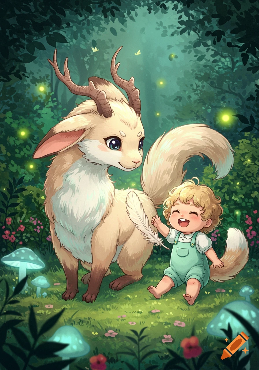 An anime illustration of a cute toddler with curly blonde hair tickling a deer-like fantasy creature with a feather in a magical forest.