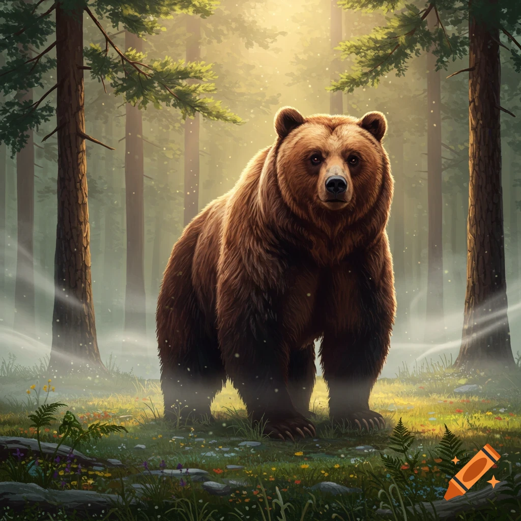A large brown bear stands in a sunlit forest clearing filled with wildflowers and mist.