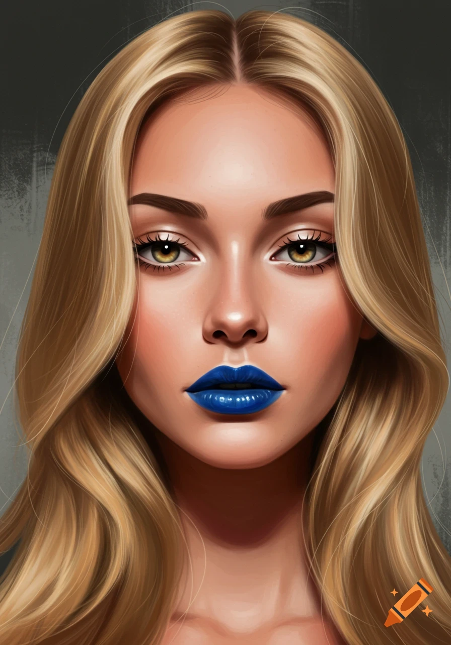 Close-up digital art portrait of a woman with long blonde hair, honey eyes, defined brows, and vibrant blue lipstick.