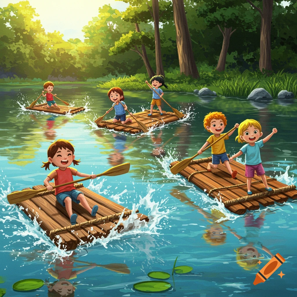 Cartoon illustration of happy children paddling handmade wooden rafts on a sunny river through a forest.