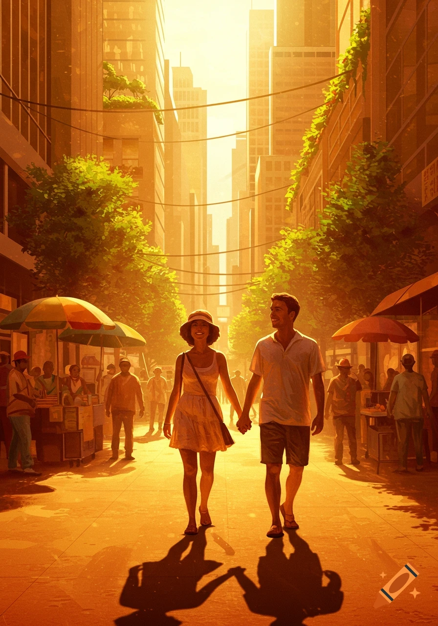 A couple walks hand-in-hand down a sun-drenched, busy city street lined with tall buildings, trees, and street vendors.