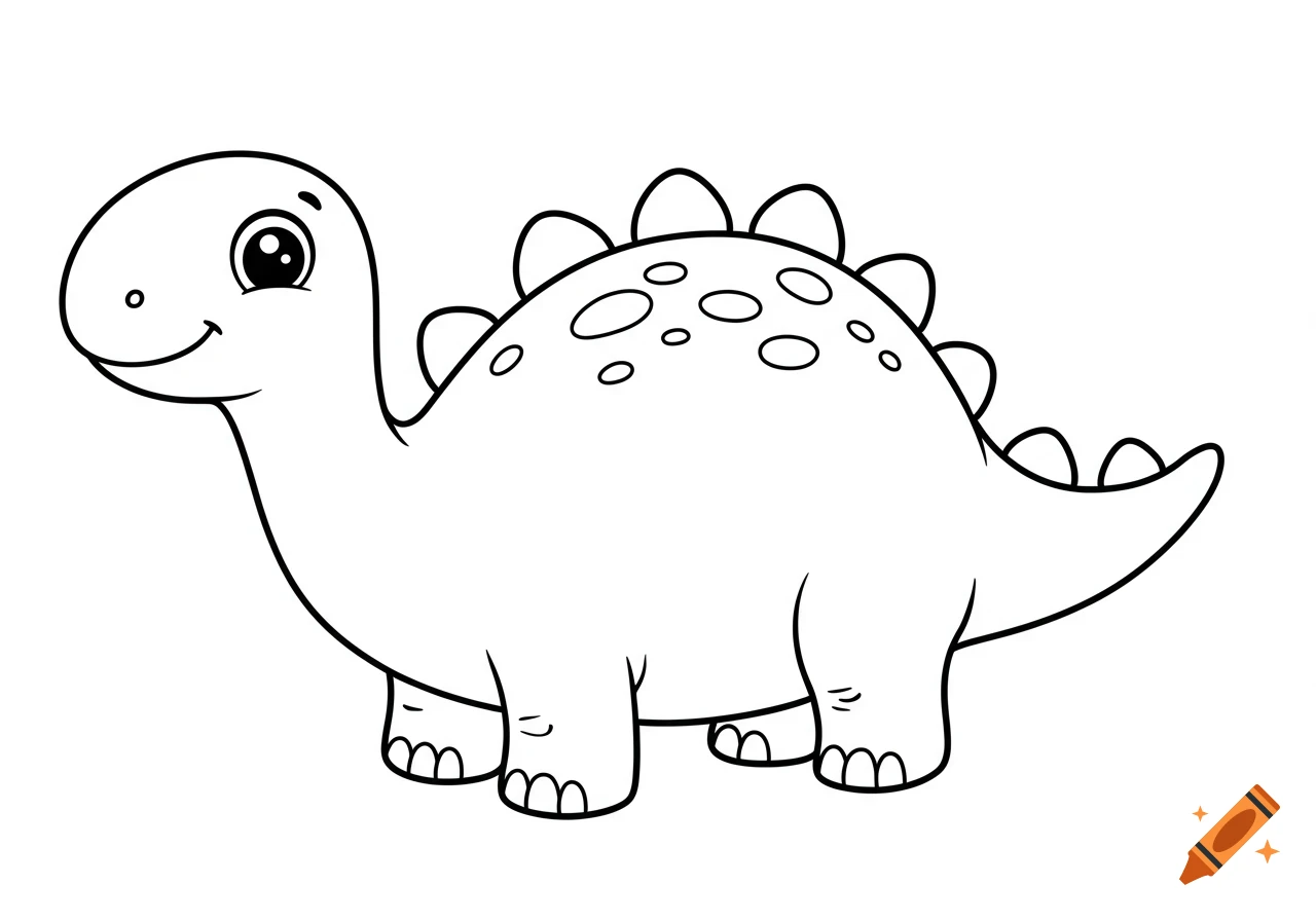 A black and white outline of a cute cartoon dinosaur smiling.