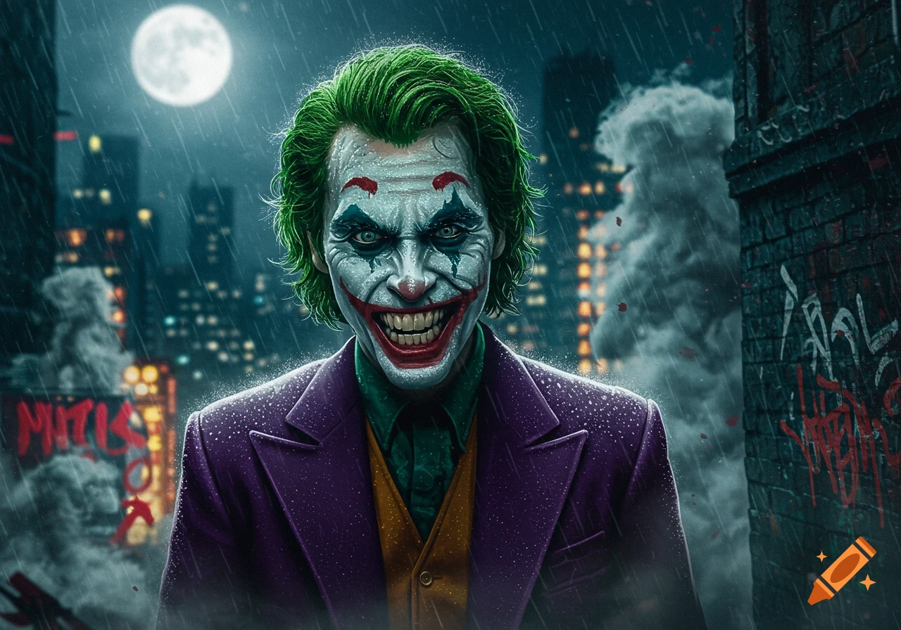 A menacing Joker stands in the rain in a city at night, with a full moon overhead. He has green hair, white face paint, and a wide grin, wearing a purple suit.