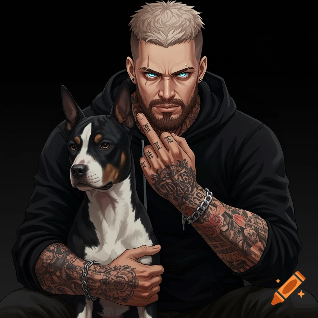Anime-style portrait of a stern man with tattoos and a buzz cut, holding a black and white dog, giving the middle finger.