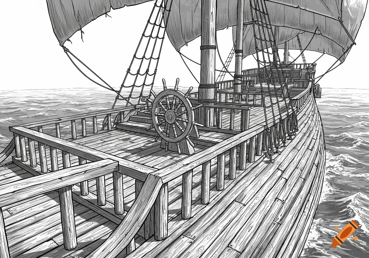 Black-and-white sketch of an old wooden sailing ship at sea, viewed from the deck looking towards the bow.