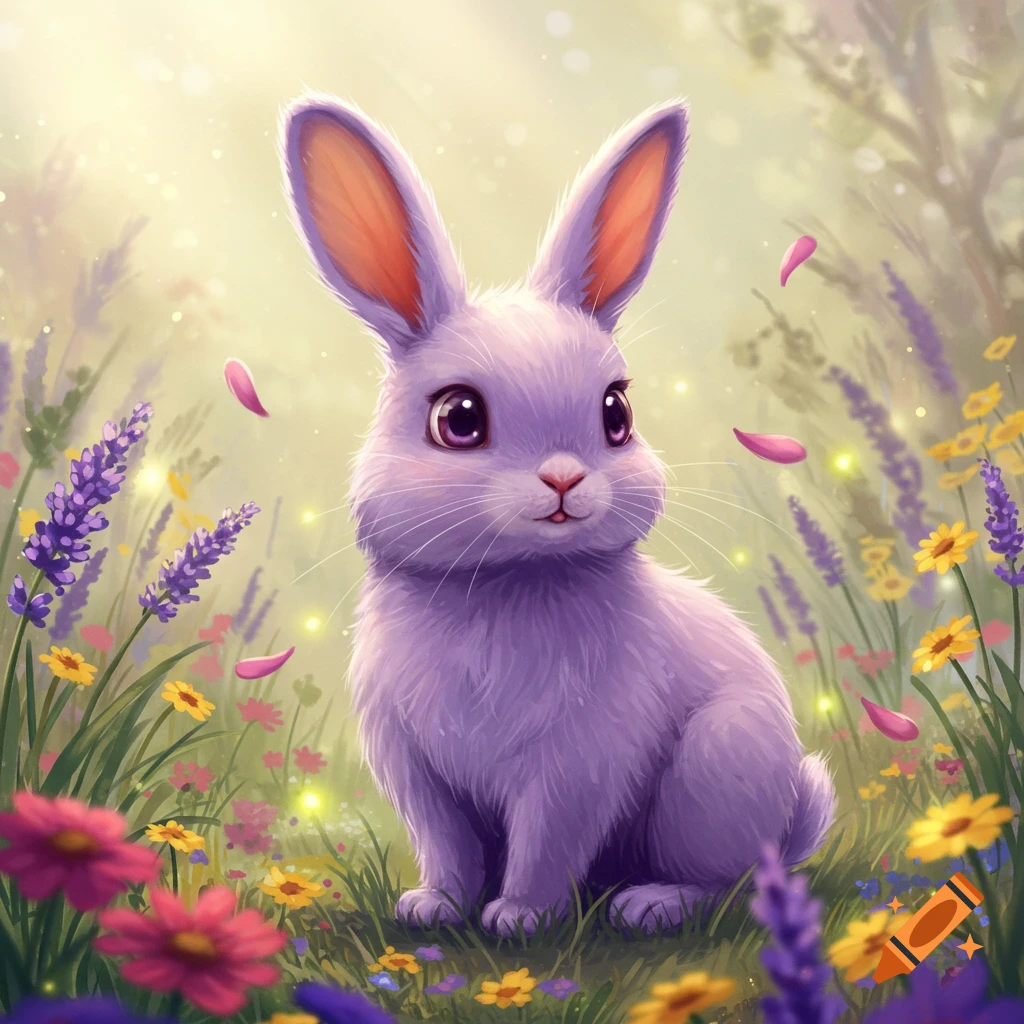 A cute purple rabbit with big eyes sits in a vibrant field of lavender, pink, and yellow flowers with falling pink petals and glowing specks.