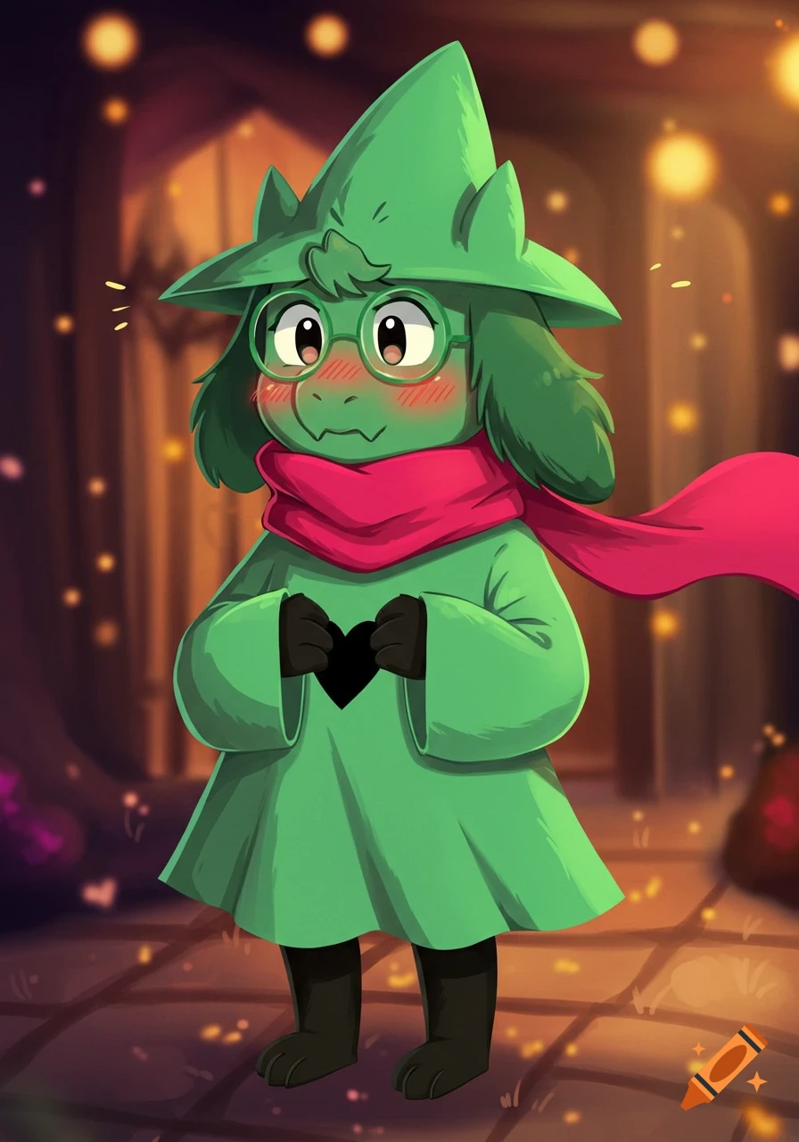 A cute green furry character with a pointy hat and red scarf blushes, holding a black heart symbol in its hands.