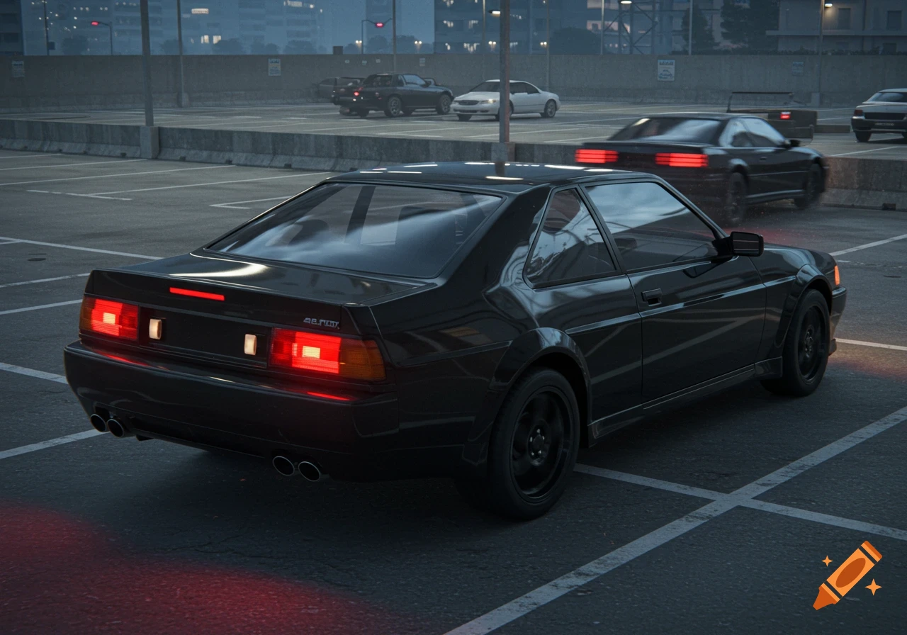 A black coupe reverses in a parking lot with its brake lights on, while another dark car passes in the background.