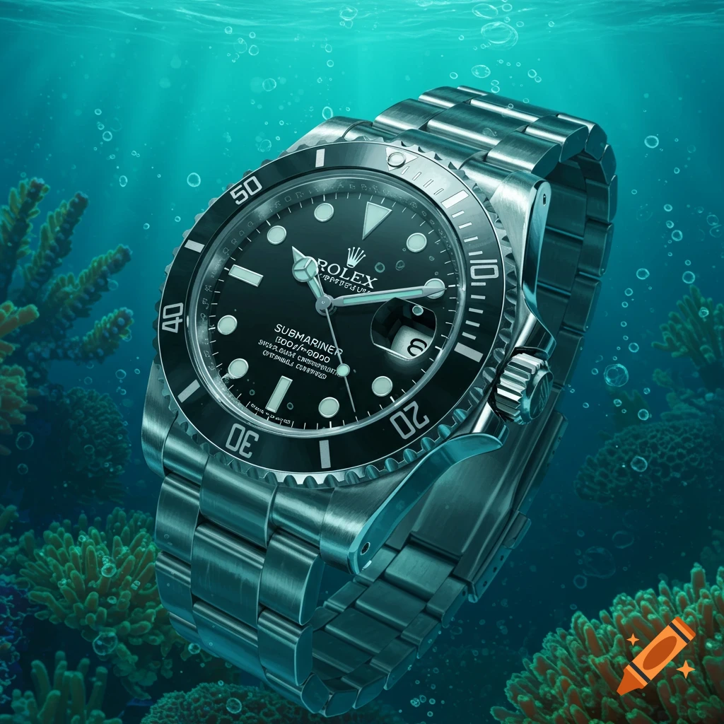 A stainless steel Rolex Submariner watch with a black face submerged in clear blue water, with coral and bubbles.
