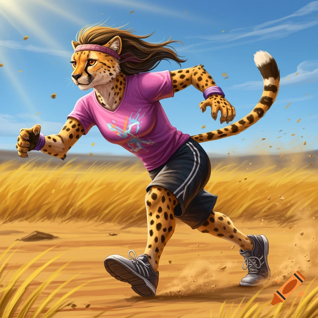 A sporty anthropomorphic cheetah wearing a pink t-shirt, shorts, headband, and sneakers, running through a sunny, grassy field.