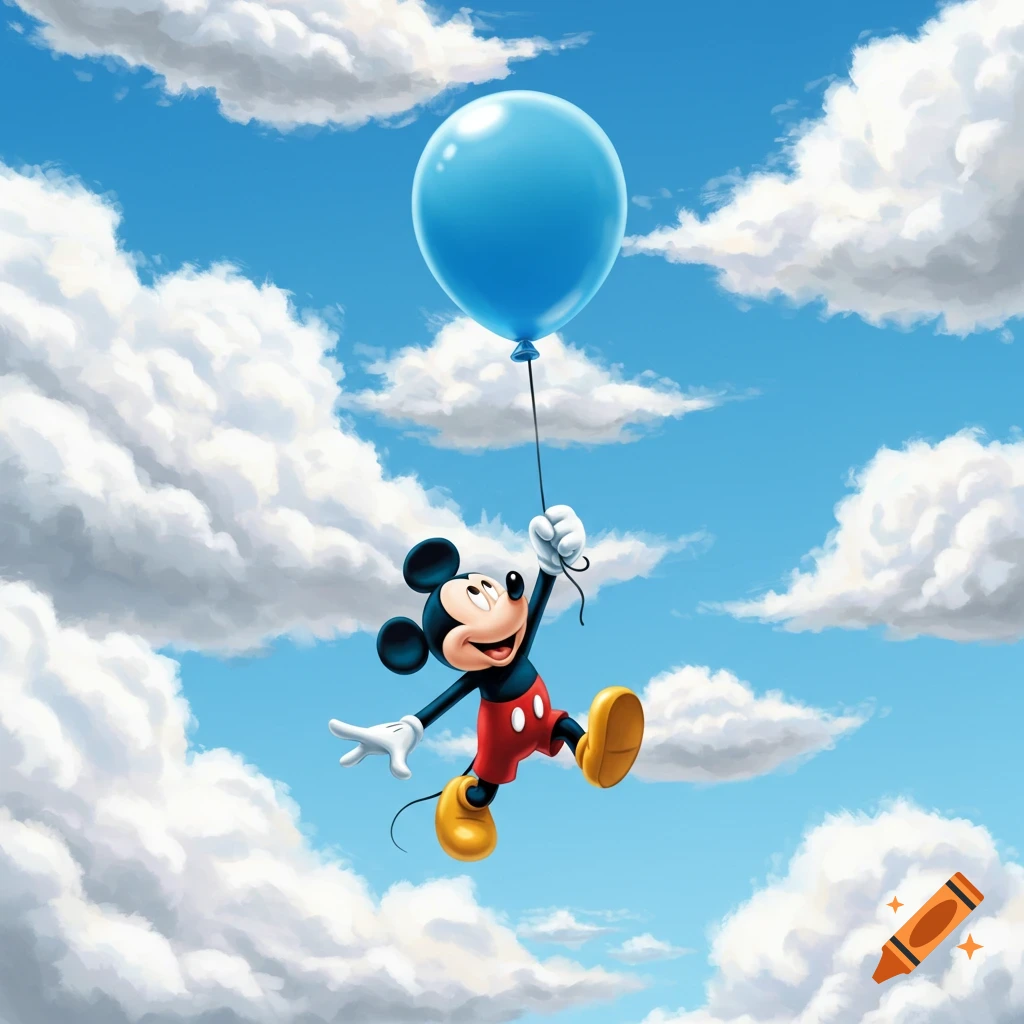 Mickey Mouse flies in a bright blue sky, holding onto a large blue balloon amidst fluffy white clouds.