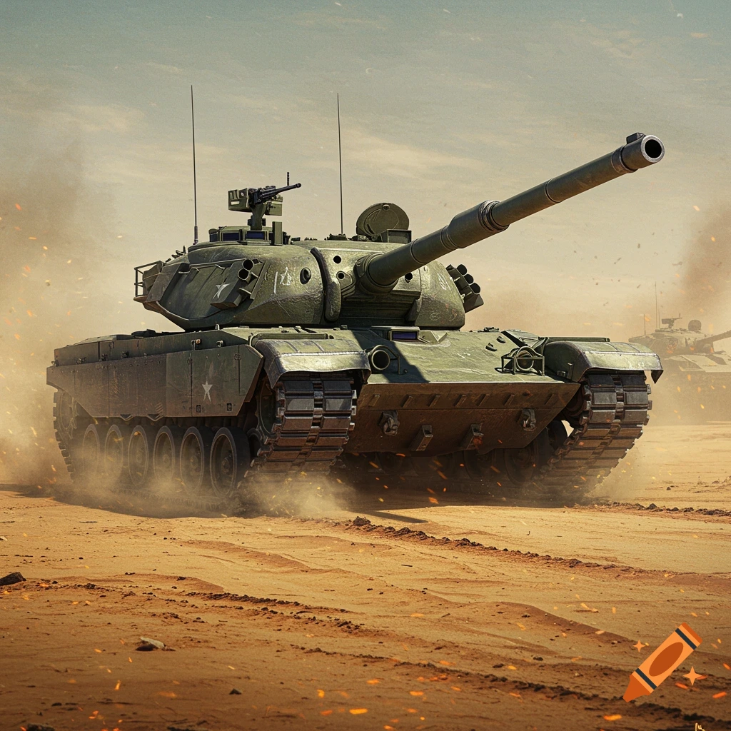 A large green military tank drives through a dusty desert with a second tank in the background, in a photorealistic style.