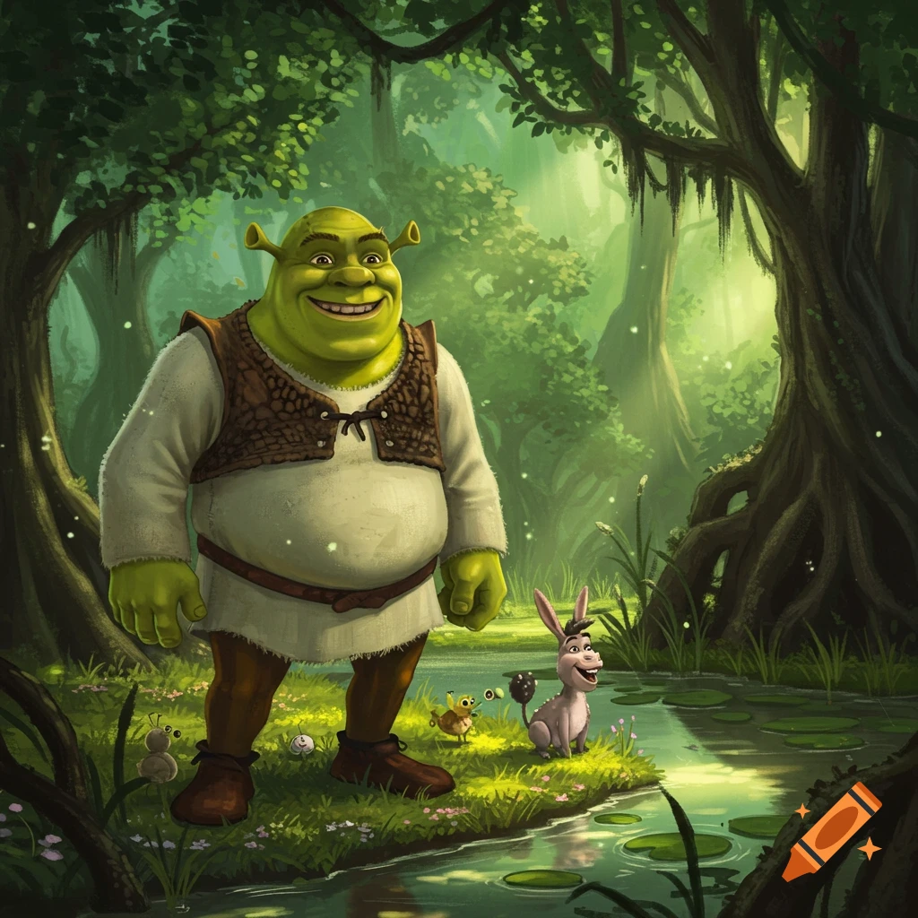 Shrek and Donkey smiling in a magical, lush green forest next to a stream, depicted in a vibrant illustration.