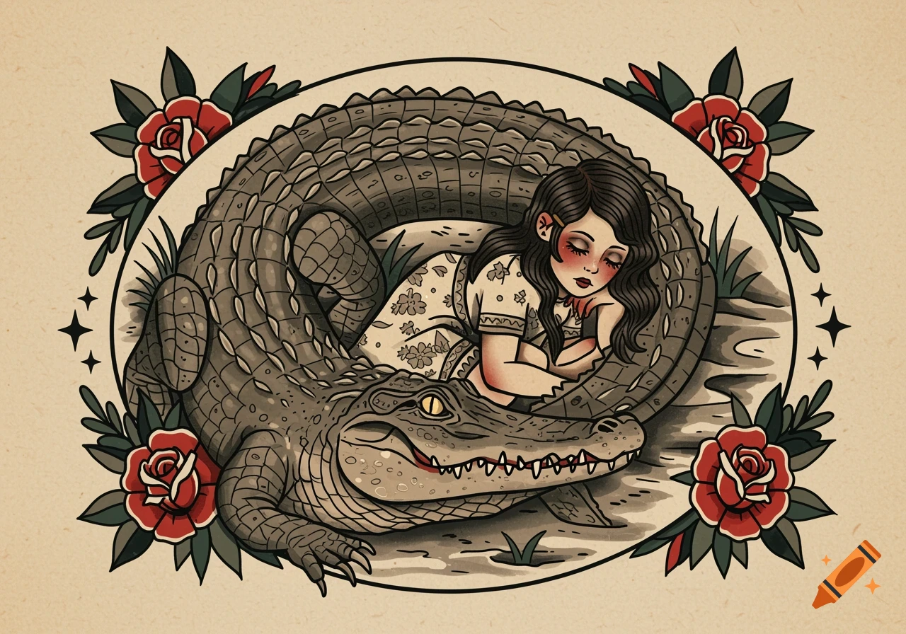 American traditional tattoo art of a girl sleeping peacefully curled up with a large alligator, surrounded by red roses and black stars.