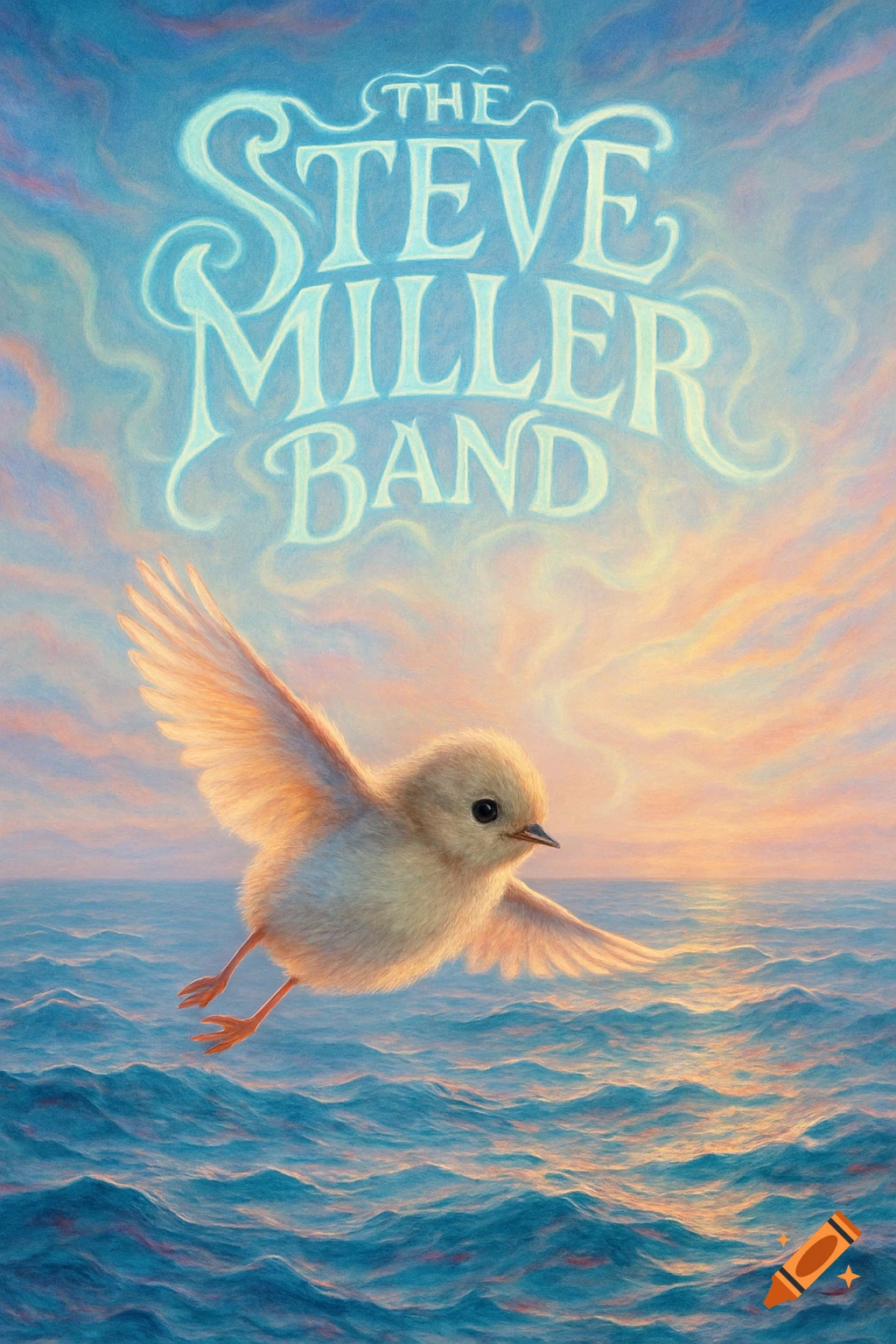 A fluffy baby bird flies over a wavy ocean at sunset, with 'THE STEVE MILLER BAND' logo in the sky.