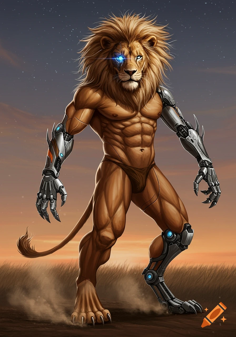 Muscular human-like lion with a glowing blue robotic eye, cybernetic arm and leg, standing in a savanna at dusk. Digital art.