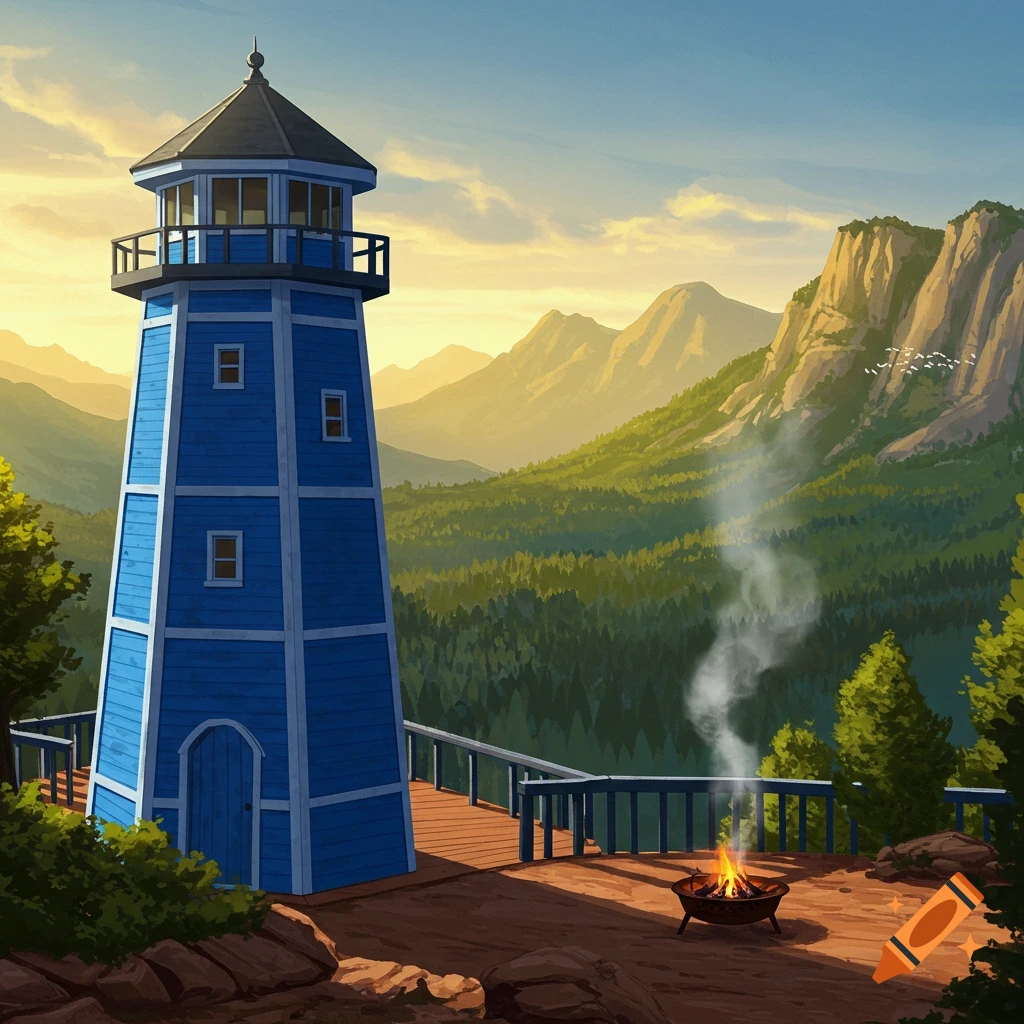 A blue lighthouse-style tower with a wooden deck overlooks a vast, green mountain landscape with a campfire burning.