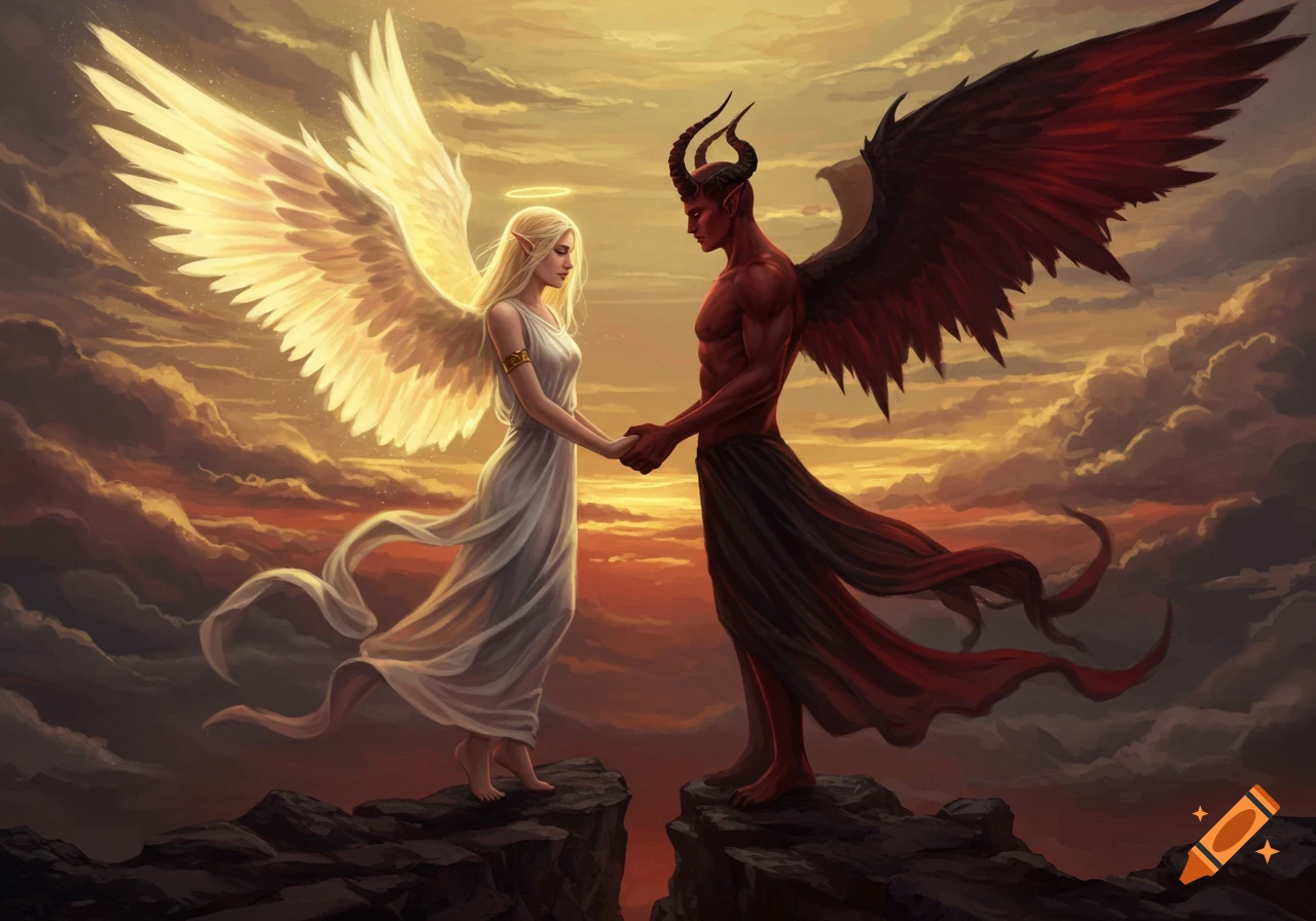 A radiant angel and a dark devil stand on cliff edges, holding hands across a chasm at sunset in a digital painting.