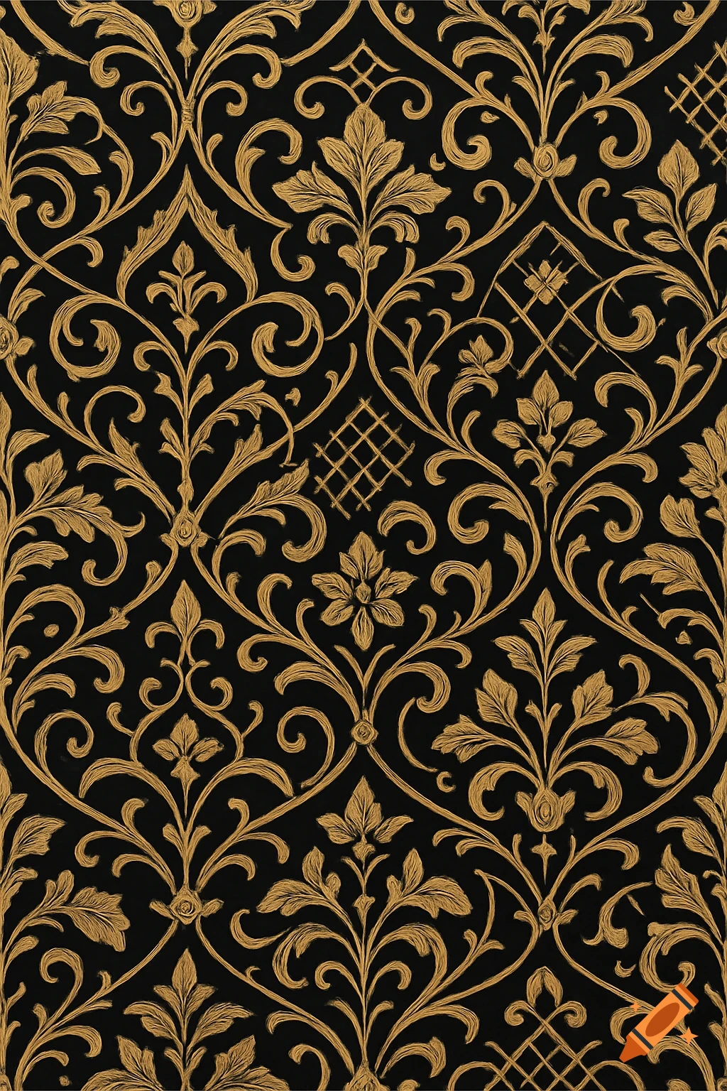 A seamless pattern of golden ornate floral and scrollwork designs on a black background.